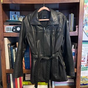 JLC Black Faux Leather Jacket with Waist Belt